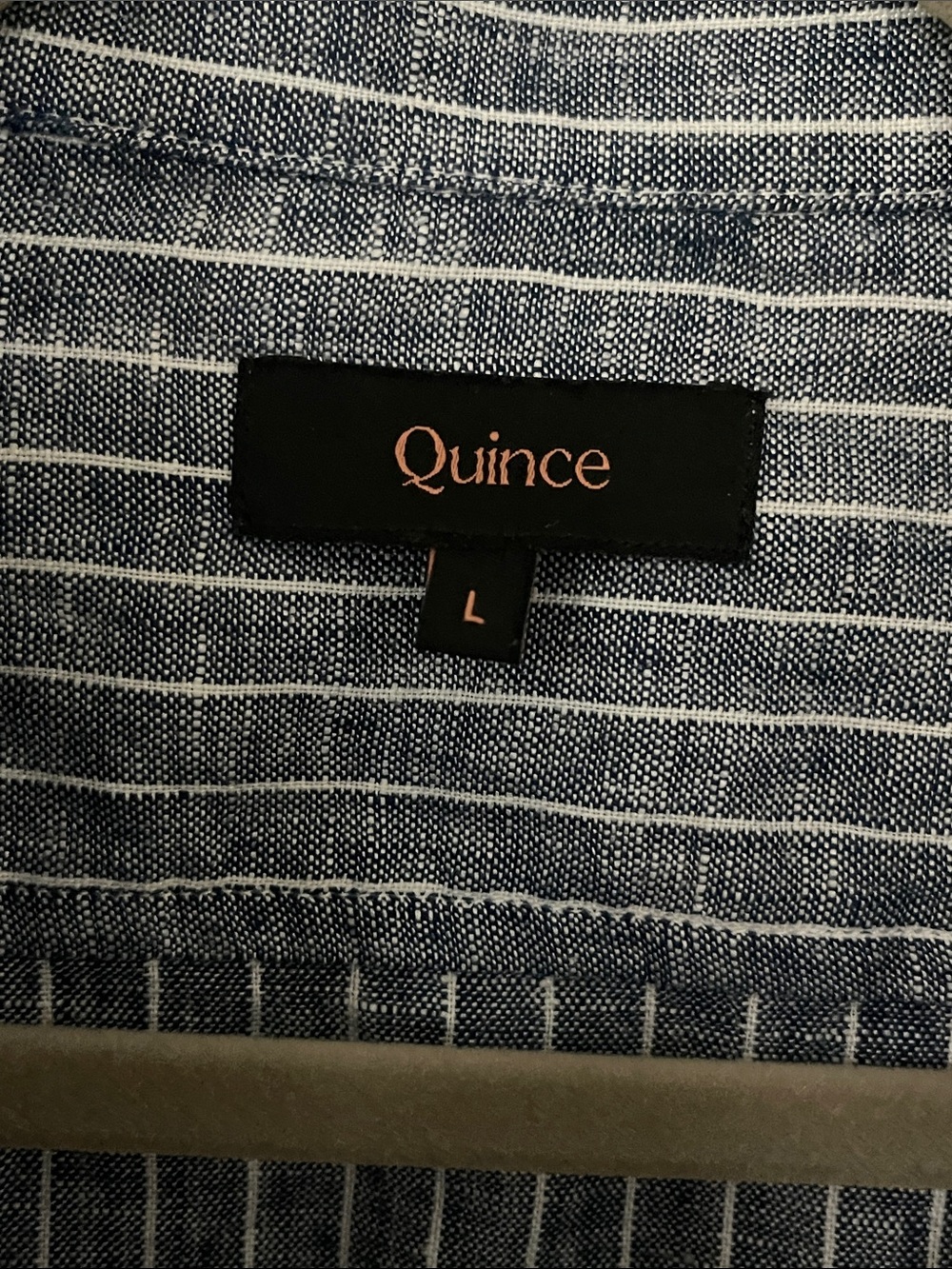 Quince Men's Navy and White Vertical Stripe 100% Linen Button-Down Shirt - Picture 2 of 5